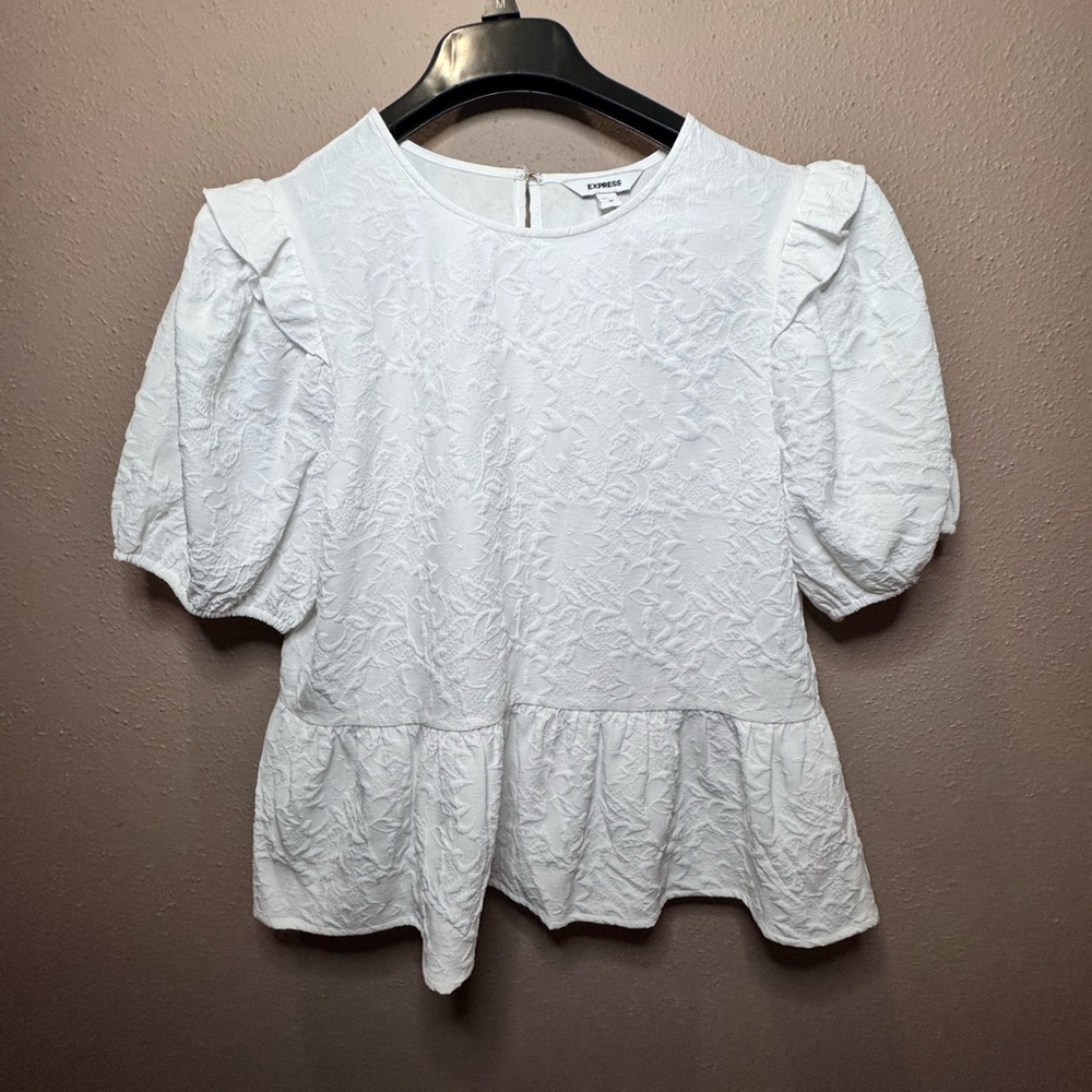 Express White Textured Blouse with Puff Sleeves